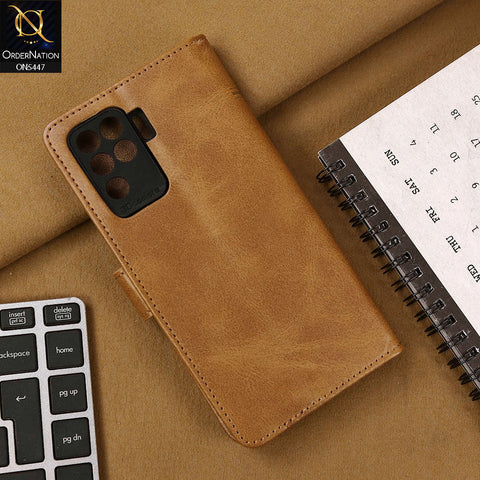 Oppo F19 Pro Cover - Light Brown - Premium Leather Megantic Flip Book Covers With Card Holding Option