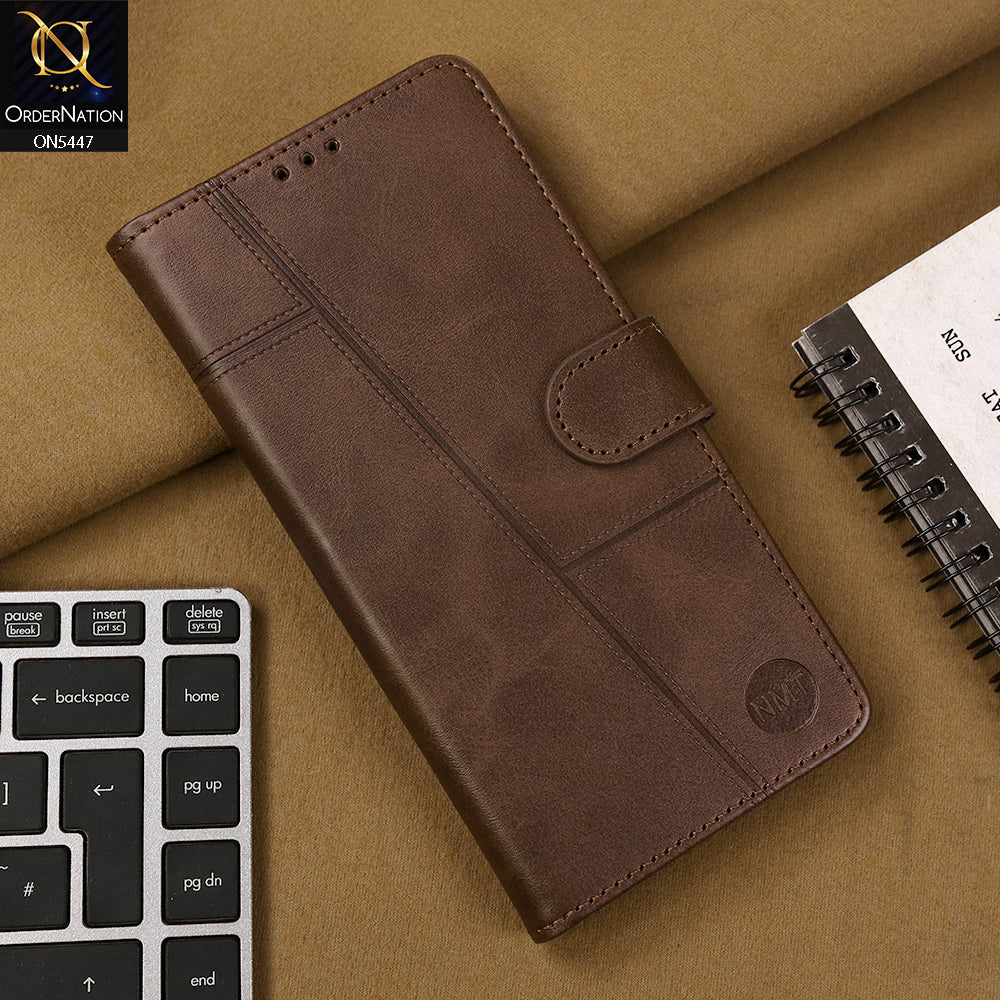 Vivo Y300 Cover - Dark Brown - Premium Leather Megantic Flip Book Covers With Card Holding Option