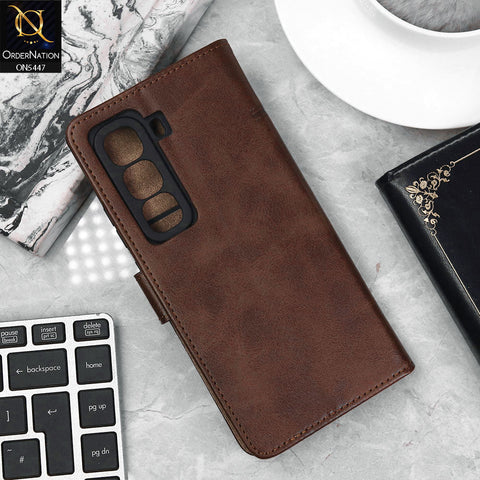 Infinix Hot 50 Pro Plus Cover - Dark Brown - Premium Leather Megantic Flip Book Covers With Card Holding Option
