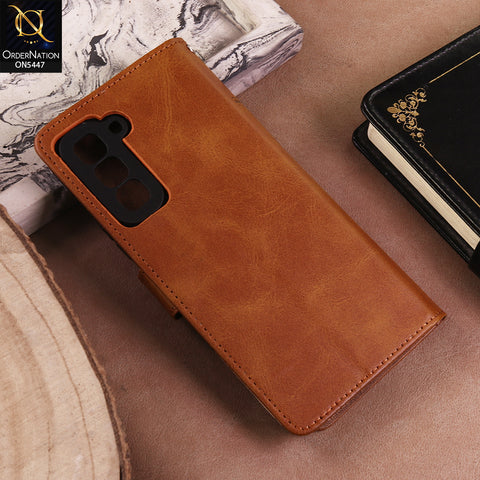 Infinix Hot 70 Cover  - Light Brown - Premium Leather Megantic Flip Book Covers With Card Holding Option
