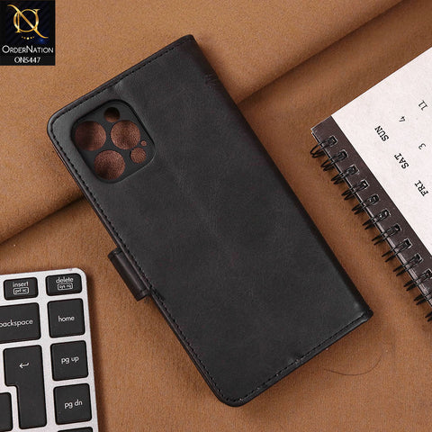 iPhone 12 Pro Cover - Black - Premium Leather Megantic Flip Book Covers With Card Holding Option