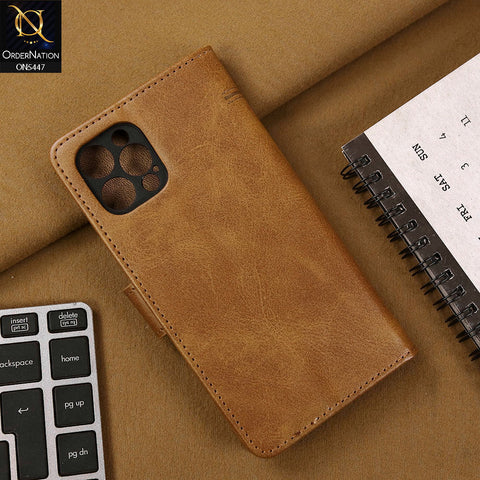 iPhone 12 Pro Cover - Light Brown - Premium Leather Megantic Flip Book Covers With Card Holding Option