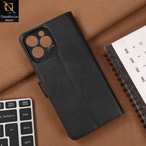 iPhone 13 Pro Max Cover - Black - Premium Leather Megantic Flip Book Covers With Card Holding Option