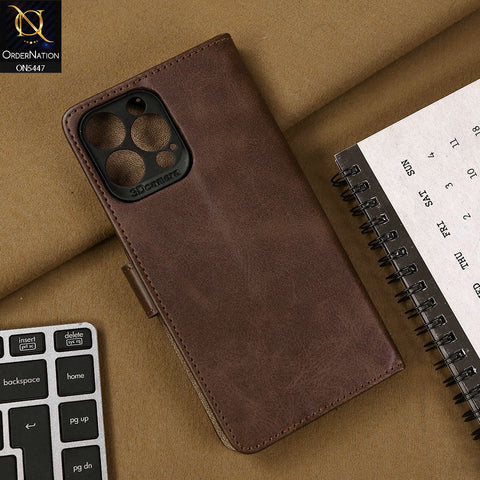 iPhone 13 Pro Max Cover - Dark Brown - Premium Leather Megantic Flip Book Covers With Card Holding Option