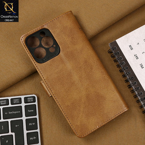 iPhone 13 Pro Max Cover - Light Brown - Premium Leather Megantic Flip Book Covers With Card Holding Option