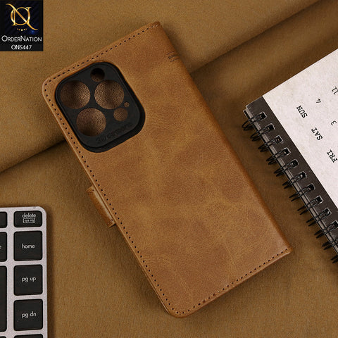 iPhone 14 Pro  Cover - Light Brown - Premium Leather Megantic Flip Book Covers With Card Holding Option