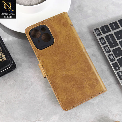 iPhone 15 Cover - Light Brown -  Premium Leather Megantic Flip Book Covers With Card Holding Option