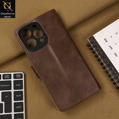 iPhone 15 Pro Max Cover - Dark Brown - Premium Leather Megantic Flip Book Covers With Card Holding Option
