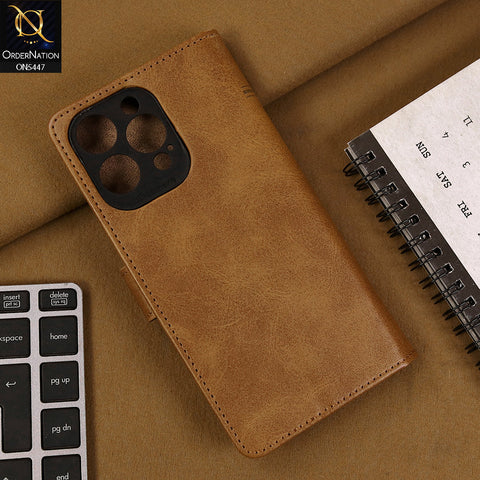 iPhone 15 Pro Max Cover - Light Brown - Premium Leather Megantic Flip Book Covers With Card Holding Option