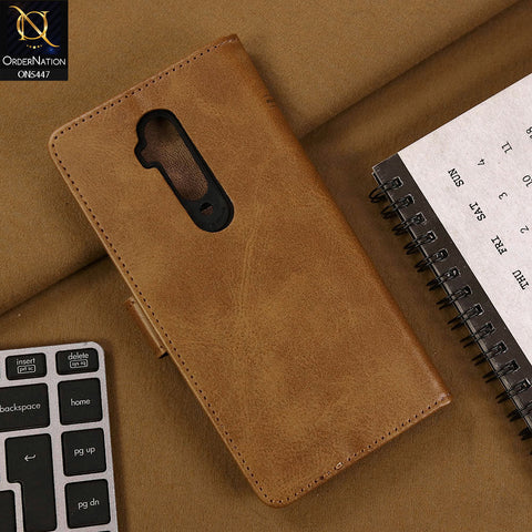 OnePlus 7T Pro 5G McLaren Cover - Light Brown - Premium Leather Megantic Flip Book Covers With Card Holding Option
