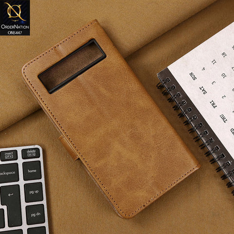 Google Pixel 6a Cover - Light Brown - Premium Leather Megantic Flip Book Covers With Card Holding Option