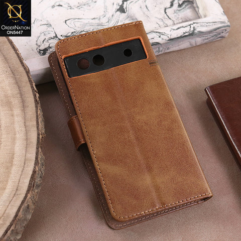 Google Pixel 8a  - Light Brown -  Premium Leather Megantic Flip Book Covers With Card Holding Option