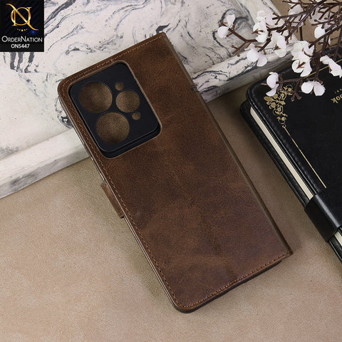 Realme 15 Cover - Dark Brown  - Premium Leather Megantic Flip Book Covers With Card Holding Option