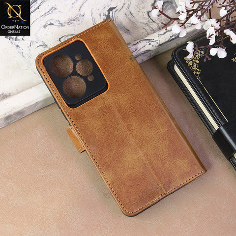 Realme 15 Cover - Light Brown  - Premium Leather Megantic Flip Book Covers With Card Holding Option
