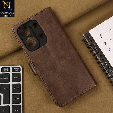 Xiaomi Redmi Note 13 Cover - Dark Brown - Premium Leather Megantic Flip Book Covers With Card Holding Option