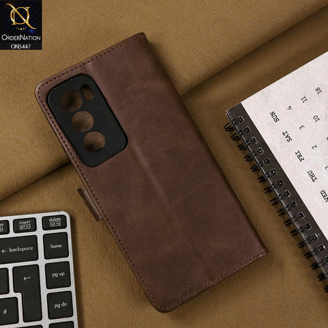 Oppo Reno 12 Cover - Dark Brown - Premium Leather Megantic Flip Book Covers With Card Holding Option