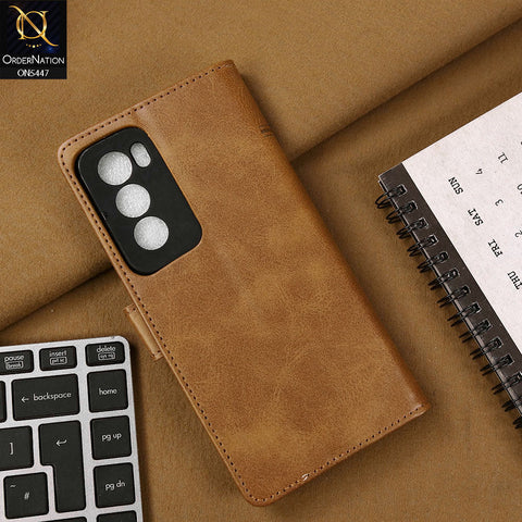 Oppo Reno 12 Cover - Light Brown - Premium Leather Megantic Flip Book Covers With Card Holding Option