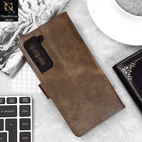 Samsung Galaxy S21fe Cover - Dark Brown -  Premium Leather Megantic Flip Book Covers With Card Holding Option