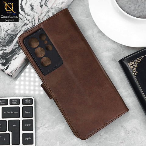 Samsung Galaxy S21 Ultra 5G Cover - Dark Brown - Premium Leather Megantic Flip Book Covers With Card Holding Option