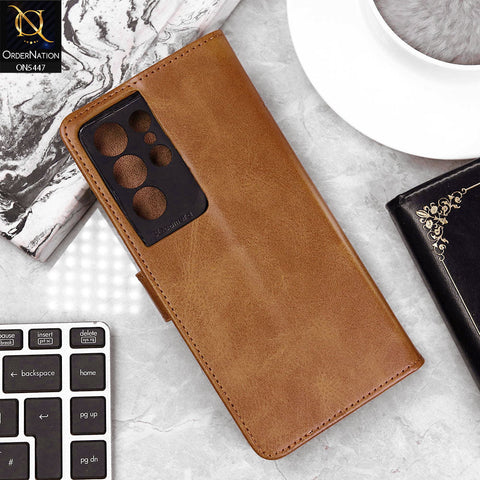 Samsung Galaxy S21 Ultra 5G Cover - Light Brown - Premium Leather Megantic Flip Book Covers With Card Holding Option