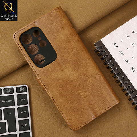 Samsung Galaxy S23 Ultra Cover - Light Brown - Premium Leather Megantic Flip Book Covers With Card Holding Option