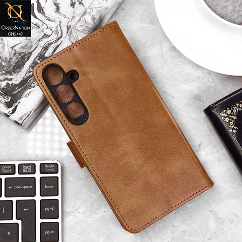 Samsung Galaxy S24 Plus Cover - Light Brown - Premium Leather Megantic Flip Book Covers With Card Holding Option