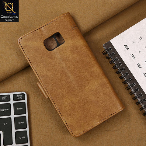 Samsung Galaxy S7 Edge Cover - Light Brown - Premium Leather Megantic Flip Book Covers With Card Holding Option