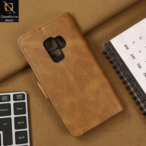 Samsung Galaxy S9 Cover - Light Brown - Premium Leather Megantic Flip Book Covers With Card Holding Option