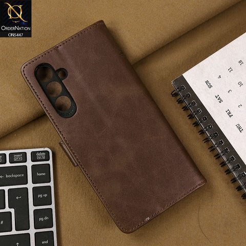 Samsung Galaxy A14 Cover - Dark Brown - Premium Leather Megantic Flip Book Covers With Card Holding Option