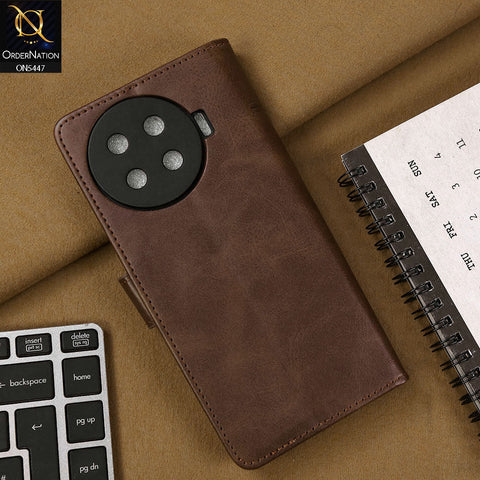 Tecno Spark 20 Pro Plus Cover - Dark Brown - Premium Leather Megantic Flip Book Covers With Card Holding Option