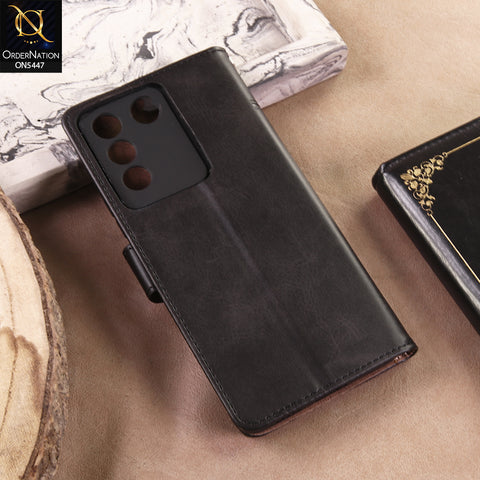 Vivo S16e Cover - Black - Premium Leather Megantic Flip Book Covers With Card Holding Option