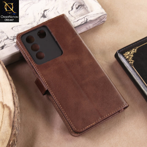 Vivo S16e Cover - Dark Brown - Premium Leather Megantic Flip Book Covers With Card Holding Option