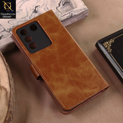Vivo S16e Cover - Light Brown - Premium Leather Megantic Flip Book Covers With Card Holding Option