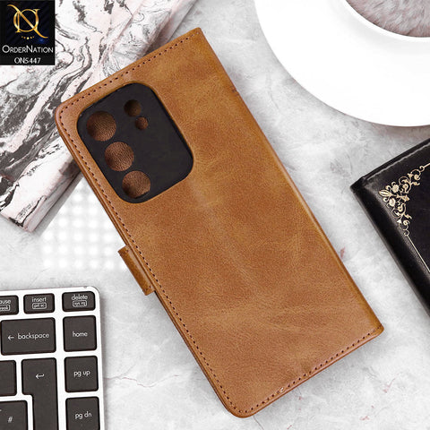 Vivo Y200 5G Cover - Light Brown - Premium Leather Megantic Flip Book Covers With Card Holding Option