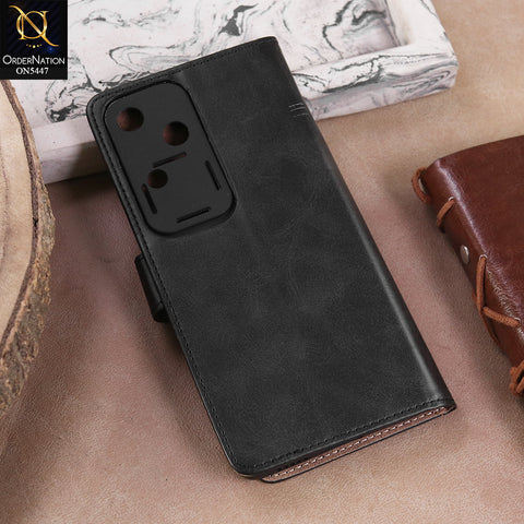 Vivo V30  - Black -  Premium Leather Megantic Flip Book Covers With Card Holding Option