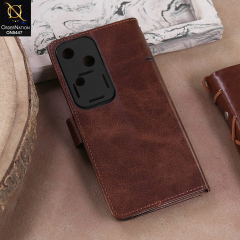 Vivo V30  - Dark Brown -  Premium Leather Megantic Flip Book Covers With Card Holding Option
