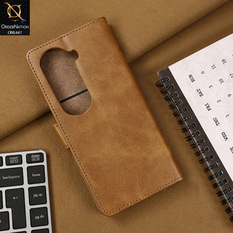 Vivo V40e Cover - Light Brown - Premium Leather Megantic Flip Book Covers With Card Holding Option
