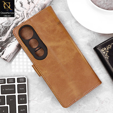 Vivo V50 Lite Cover - Light Brown - Premium Leather Megantic Flip Book Covers With Card Holding Option