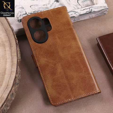 Vivo V60  - Light Brown -  Premium Leather Megantic Flip Book Covers With Card Holding Option