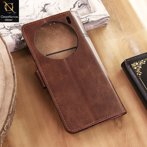 Vivo X200 Cover  - Dark Brown - Premium Leather Megantic Flip Book Covers With Card Holding Option