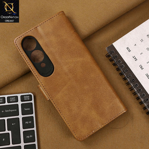 Vivo Y28 5G Cover - Light Brown - Premium Leather Megantic Flip Book Covers With Card Holding Option