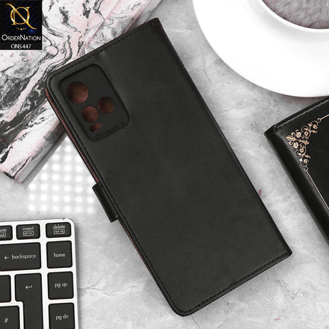 Vivo Y33s Cover - Black - Premium Leather Megantic Flip Book Covers With Card Holding Option