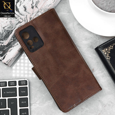 Vivo Y33t Cover - Dark Brown - Premium Leather Megantic Flip Book Covers With Card Holding Option