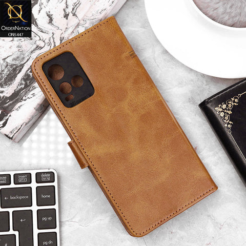 Vivo Y21s Cover - Light Brown - Premium Leather Megantic Flip Book Covers With Card Holding Option