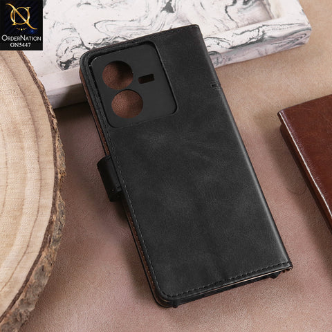 Vivo Y22  - Black -  Premium Leather Megantic Flip Book Covers With Card Holding Option