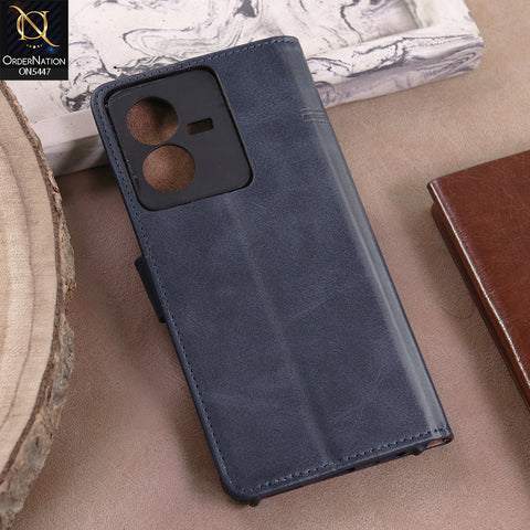 Vivo Y22s  - Blue -  Premium Leather Megantic Flip Book Covers With Card Holding Option