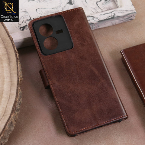 Vivo Y22  - Dark Brown -  Premium Leather Megantic Flip Book Covers With Card Holding Option