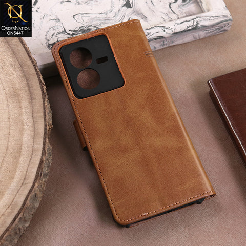 Vivo Y22  - Light Brown -  Premium Leather Megantic Flip Book Covers With Card Holding Option