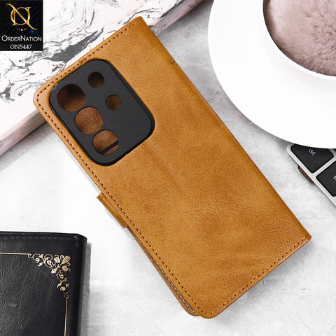 Vivo Y29 4G Cover - Light Brown -  Premium Leather Megantic Flip Book Covers With Card Holding Option