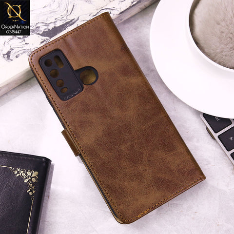 Vivo Y30 Cover - Dark Brown -  Premium Leather Megantic Flip Book Covers With Card Holding Option